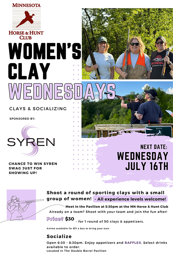 Women's Clay Wednesdays, clays and socializing, July 16th.