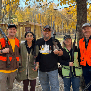 A group of friends gathered for fall league competition on a crisp fall day.