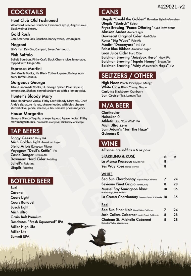 drink menu with list of cocktails, beer and wine.