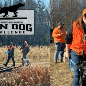 Gun Dog Challenge logo over image of tow upland hunters walking in field with a dog.