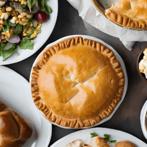 Food on a table view from above. Pot Pie, salad, fresh bread and more.