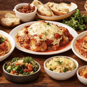 Variety of Italian foods. Salads, pasta, bread and more.