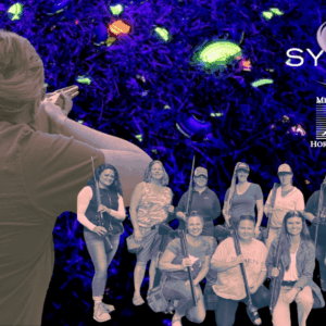 Cosmic background with images of women holding shotguns