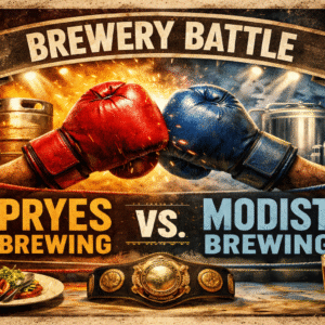 boxing gloves touching in the middle with brewery background
