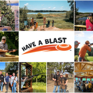 Collage of photos on sporting clay course with variety of people